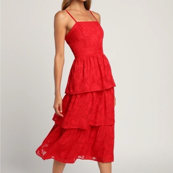 Lulus Dresses & Skirts - Lulus Grace and Beauty Red Burnout Floral Print Tiered Dress
